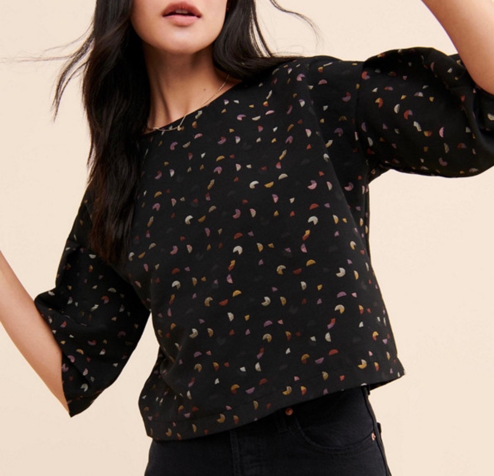 Eve Gravel Black Geometric Jacquard Puff Sleeve Crop Top Small